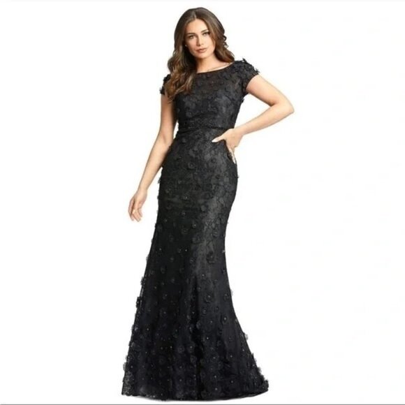 Mac Duggal Black Bateau Neck Floral Sheath Dress Evening Gown Cap Sleeve Size 2 - Picture 1 of 9